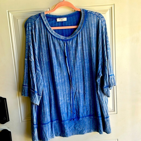 Zenana Outfitters Blue Striped Short Sleeve Top - Picture 1 of 4